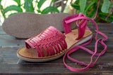 WOMENS PINK LEATHER OPEN TOE LACE UP FLAT HUARACHE MEXICAN SANDALS