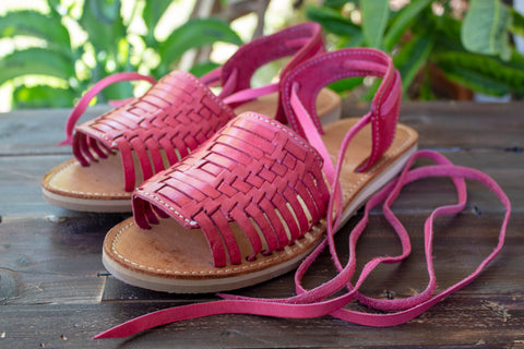 WOMENS PINK LEATHER OPEN TOE LACE UP FLAT HUARACHE MEXICAN SANDALS