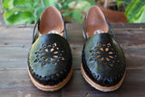 WOMENS BLACK LEATHER FLORAL HUARACHE MEXICAN SANDAL