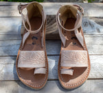 WOMENS TAN LEATHER STAMPED OPEN TOE MEXICAN SANDAL