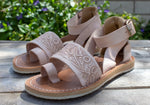 WOMENS TAN LEATHER STAMPED OPEN TOE MEXICAN SANDAL