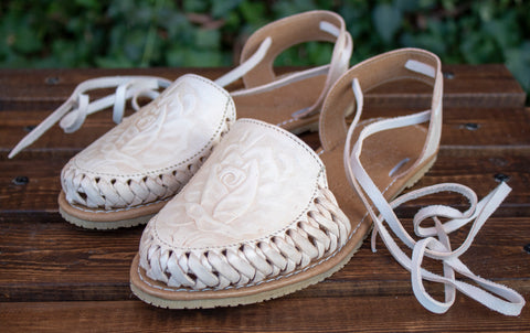 WOMENS LEATHER LACE UP ROSE STAMPED HUARACHE MEXICAN SANDALS