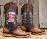 WOMENS LEATHER EMBROIDERED RUSTIC SQUARE TOE RODEO COWGIRL BOOTS
