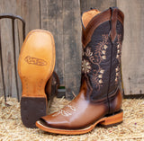 WOMENS LEATHER EMBROIDERED RUSTIC SQUARE TOE RODEO COWGIRL BOOTS