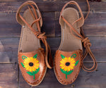 WOMENS LEATHER LACE UP FLAT EMBROIDERED HUARACHE MEXICAN SANDALS