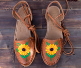 WOMENS LEATHER LACE UP FLAT EMBROIDERED HUARACHE MEXICAN SANDALS