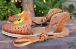 WOMENS LEATHER LACE UP FLAT EMBROIDERED HUARACHE MEXICAN SANDALS
