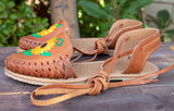 WOMENS LEATHER LACE UP FLAT EMBROIDERED HUARACHE MEXICAN SANDALS