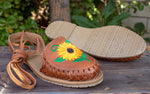 WOMENS LEATHER LACE UP FLAT EMBROIDERED HUARACHE MEXICAN SANDALS