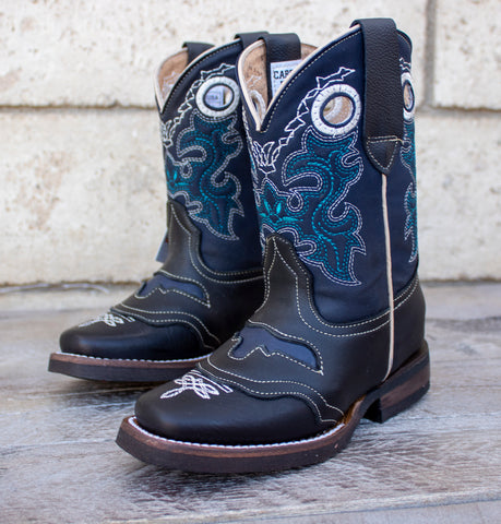 BOYS TODDLER YOUTH WESTERN BLACK SQUARE TOE COWBOY LEATHER BOOTS